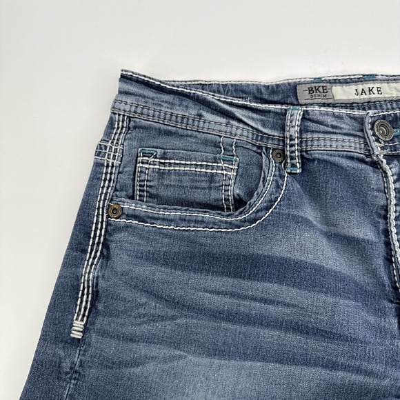 BKE Jake Jeans Men 32S Blue Bootcut Double Stitching Embroidered Pockets Denim - Picture 6 of 13